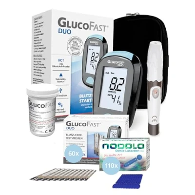 Abbildung von GLUCOFAST Blutzuckermessgerät DUO in MMOL, komplettset, Ink. 60 Blutzucker Teststreifen, 110 Lanzetten und 1 Lanzettiergerät