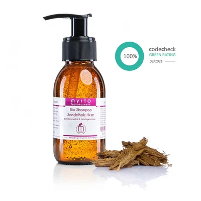 Abbildung von myrto Naturkosmetik Kopfhaut Pflegeshampoo Bio Shampoo Sandelholz Hirse bei Haarausfall &amp; brüchigem Haar mit, Milliacin Klettenwurzel für mehr Haarwachstum gesunde
