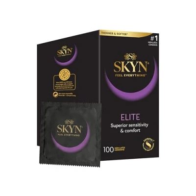 Abbildung von SKYN Elite Kondome, latexfrei, Skynfeel, Kondome für Männer, normale Größe, ultradünne und weiche glatte gerade Form, 53 mm breit, 100 Stück