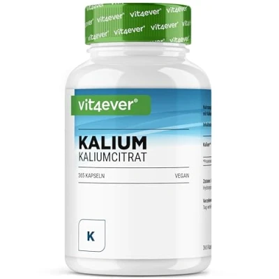 Abbildung von Kalium 365 Kapseln mit 800 mg elementarem (aus Kaliumcitrat) pro Tagesdosis vegan, hochdosiert, ohne Zusätze