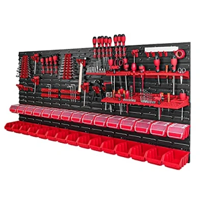 Abbildung von PAFEN Werkzeugwand mit Stapelboxen 1728 x 780 mm Lagersystem SET Werkzeughaltern und 30 Stück Box Wandregal Werkstattregal Lochwand Schüttenregal Sichtlagerkästen