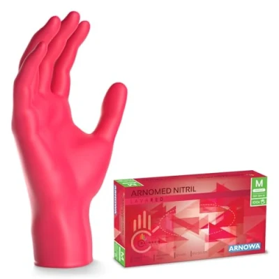 Abbildung von ARNOMED Einweghandschuhe Rot 100 Stück/Box, Nitrilhandschuhe M, Einmalhandschuhe, Handschuhe Einweg puderfrei, latexfreie Gummihandschuhe, in XS, S, L &amp; XL verfügbar