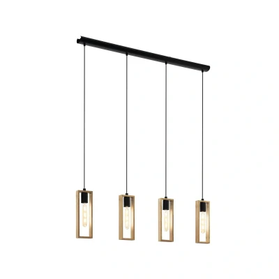 Abbildung von EGLO Pendellampe Littleton, 4 flammige Vintage Pendelleuchte im Industrial Design, Retro Hängelampe aus Stahl und Holz, Farbe Schwarz, braun, Fassung E27, FSC zertifiziert