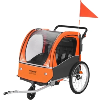 Abbildung von VEVOR Fahrradanhänger, Kinderfahrradanhänger Doppelsitz, 45 kg Tragkraft, 2 in 1 Kinder Anhänger Buggy, umbaubar Kinderwagen, Faltbarer zum Ziehen von Fahrradkupplung