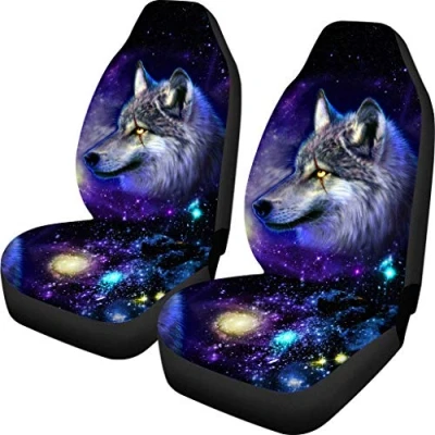 Abbildung von Woisttop Galaxy Wolf Autositzbezüge, langlebig, 2 Stück, passend für die meisten Autos, Lieferwagen, Vordersitze