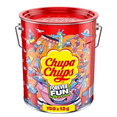 Abbildung von Chupa Chups Best of Lollipop Eimer, enthält 150 Lutscher in 5 Geschmacksrichtungen der Pop Art Metall Dose, praktische Aufbewahrungs für Halloween, x 12g