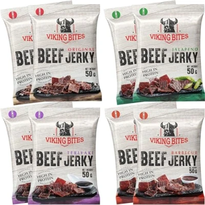 Abbildung von Viking Bites Beef Jerky Mischkarton 400g (8 x 50g) 2x Original, Jalapeno, Barbecue, Teriyaki Getrocknetes Rindfleisch Fleischsnack mit hohem Proteingehalt