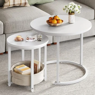Abbildung von YITAHOME Couchtisch 2er Set Rund, Wohnzimmertisch Modern mit Stofftasche zur Stauraum, Beistelltisch Stapelbar Holzplatte und Metallrahmen, Couch Tisch Wohnzimmer Heimbüro