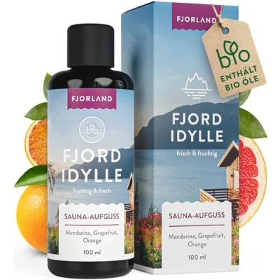 Abbildung von FJORLAND® Fjordidylle Saunaaufguss Fruchtig mit BIO Öle aus Mandarine, Grapefruit, Orange 100 ml Sauna Aufgussmittel extra hochdosiert
