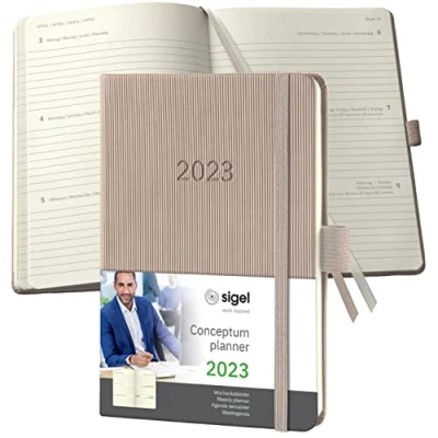 Abbildung von SIGEL C2361 Terminplaner Wochenkalender 2023 ca. A6 taupe Hardcover 176 Seiten Gummiband, Stiftschlaufe, Archivtasche PEFC zertifiziert Conceptum