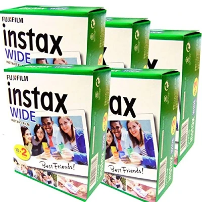 Abbildung von Fujifilm Instax Wide Set mit 5 Boxen à 20 Rollen (100 Großformatbilder) für Fuji 210 200 100 300 Sofortbildkamera