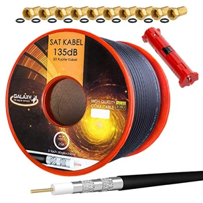 Abbildung von HB Digital Set 25m Koaxial SAT Kabel 135db Schwarz + 10x F Stecker vergoldet 1x Abisolierer CU Reines Kupfer Satellit Antennenkabel 5 Fach geschirmt für DVB S/S2 C/C2 T/T2 DAB+ Radio Anlagen