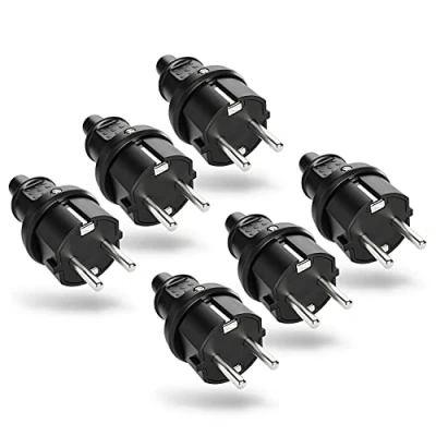 Abbildung von greate 6x Schuko Stecker Aussenbereich mit Knickschutz Schukostecker Gummi Zugentlastung, 2 polig, 230V, 16A &amp; 3,7kW IP44 Außenbereich schwarz Schutzkontakt 230V