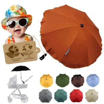 Abbildung von Sonnenschutz universal [Sonnenschirm für Kinderwagen] Buggy UV Schutz 50+ mit Universalhalterung biegsamer Schirm Rund und Ovalrohre verstellbar (meliert orange)