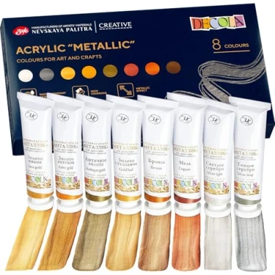 Abbildung von Decola Metallic Effekt Acrylfarben Set 8 x 18 ml Acryl Farbtuben Malen und Dekorieren auf jeder Oberfläche von Nevskaya Palitra