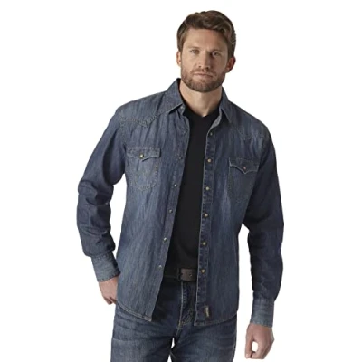Abbildung von Wrangler Herren Langärmeliges Retro Zwei Taschen und Druckknöpfen Hemd, Denim blau, M