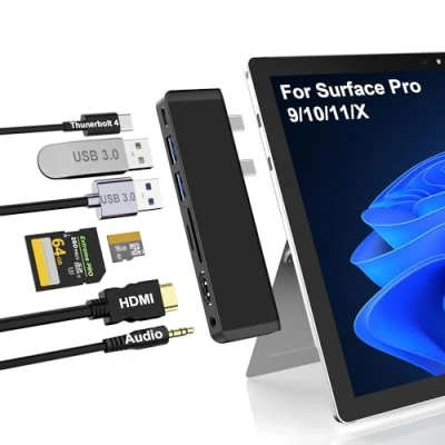 Abbildung von Surface Pro 9/10/11/X Hub Docking Station mit 4K HDMI, USB C Thunderbolt 4(8K@30Hz Video+40G Daten+100W PD), 2 3.0, SD/TF, 3.5mm Audio, Dreifach Display für Microsoft