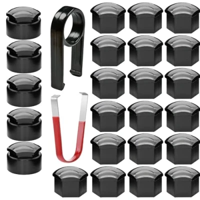 Abbildung von Gebildet 24 Stück Radmutternkappen 17mm(5 spc Diebstahlsicherungsschraubenkappen+19 normale Schraubenkappen),sechseckige Reifenmutternabdeckungen mit Entfernungswerkzeug Set für Autos(schwarz)