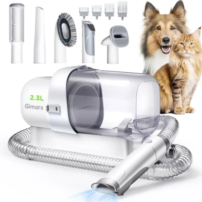 Abbildung von Gimars Hundeschermaschine mit Staubsauger, 2,3L Hundestaubsauger 12000 Pa Saugkraft, leises Schermaschine Katze Hund haarschneidemaschine 5 Pflegewerkzeugen, Tierhaarentferner hundebürste