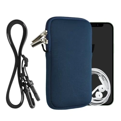 Abbildung von kwmobile Handytasche für Smartphones L 6,5&quot; Neopren Handy Hülle Marineblau mit Kordel Tasche Handykette 16,5 x 8,9 cm Innenmaße
