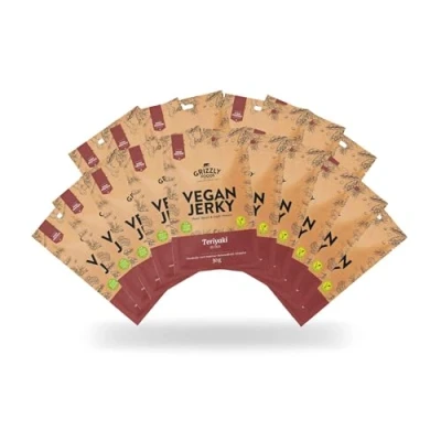 Abbildung von Grizzly Foods Vegan Jerky Teriyaki (16 x 30g) Pflanzliches Beef Veganes Trockenfleisch High Protein Snack Ideal für Unterwegs, Büro, Sport