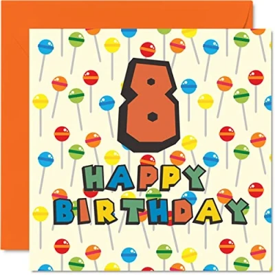 Abbildung von Geburtstagskarte zum 8. Geburtstag Unisex Motiv: Lollipop Sweets Candy Karte für Sohn Tochter Bruder Schwester Enkel Enkelin Nichte Neffe Cousin 145mm Grußkarte