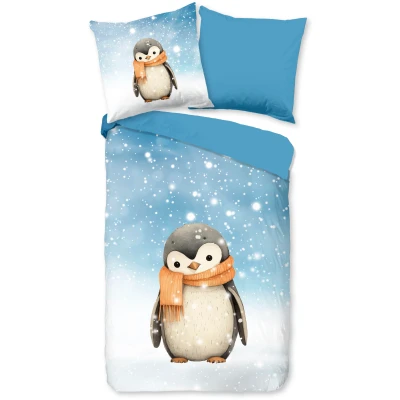 Abbildung von good morning Kinderbettwäsche &quot;Pingi&quot;, Flanell, Biber, 135x200, Winter, Warm, Wende, Kind, Pinguin, Schnee