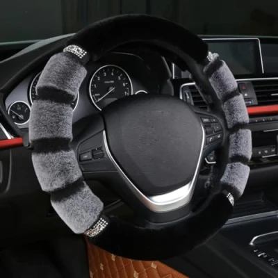 Abbildung von Mayco Bell Winter Faux Wolle Auto Lenkradbezug für Frauen Car Cover Fuzzy (Schwarz Grau)
