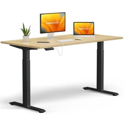Abbildung von KRIEG HighDesk Basic Höhenverstellbarer Schreibtisch 180 x 80 cm I Schwarz + Ahorn Elektrischer Sitz &amp; Stehtisch mit Tischplatte Stehschreibtisch Elektrisch Höhenverstellbar