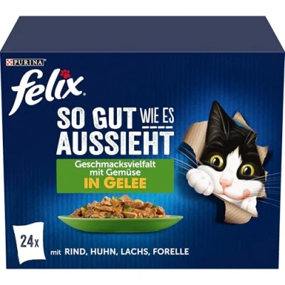 Abbildung von FELIX So gut wie es aussieht Katzenfutter nass Geschmacksvielfalt mit Gemüse in Gelee Rind, Huhn Lachs, Forelle, 4er Pack (4 x 24 Beutel à 85g)