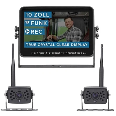 Abbildung von VSG24 10“ Element Wired HD Funk Rückfahrsystem mit 2 Kameras für Wohnmobil &amp; LKW, KFZ Set Rückfahrkamera kabellos + Monitor DIY Nachrüsten 12V 24V Kamera digital Auto Rückspiegel Pferdeanhänger