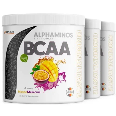 Abbildung von BCAA Pulver 900g MANGO MARCUJA Alphaminos 2:1:1 Drink mit 8000 mg unfassbar leckerer Geschmack, Essentielle Aminosäuren (EAA) Leucin, Isoleucin &amp; Valin 100% vegan und laborgeprüft