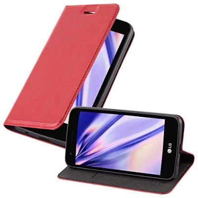 Abbildung von Cadorabo Hülle kompatibel mit LG K4 2017 aus Premium Kunst Leder Flip Klappbare Stoßfeste Magnetische [Standfunktion] [Kartenfächern] Cover für Tasche in Rot