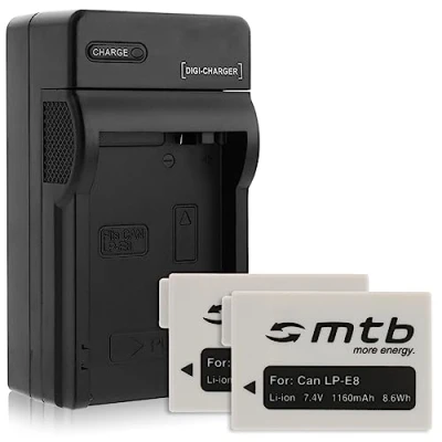 Abbildung von 2 Akkus 1160mAh + Ladegerät (KFZ, Netz) für Canon LP E8 / EOS 550D, 600D, 650D, 700D Rebel T2i, T3i, T4i, T5i