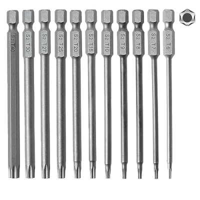 Abbildung von 11 Stück Torx Schraubendreher Bit Set, 1/4&quot;x100mm Magnetisch Set Lang, T6/T7/T8/T9/T10/T15/T20/T25/T27/T30/T40 Elektrische Bits (11, 100mm)