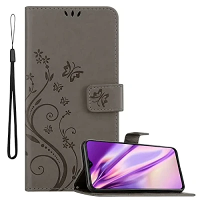Abbildung von Cadorabo Hülle kompatibel mit Realme 5 PRO/Realme Q Blumen Design aus Kunst Leder Flip Klappbare Magnetische [Standfunktion] [Kartenfächern] Cover für Tasche in Grau