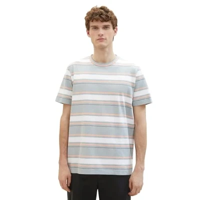 Abbildung von TOM TAILOR Herren T Shirt mit Streifen aus Piqué, 35041 Mint Grey Multi Stripe, M