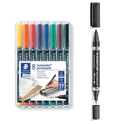 Abbildung von Staedtler Permanent Universalstift Lumocolor Set mit 8 Farben und Zweispitzmarker, wisch wasserfest, sekundenschnell trocken, nachfüllbar