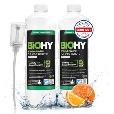 Abbildung von BiOHY Bodenreiniger für alle Wischroboter mit Orangenduft (2 x 1 liter) + Dosierer Schaumarm &amp; Streifenfrei Reinigungsmittel Konzentrat Böden