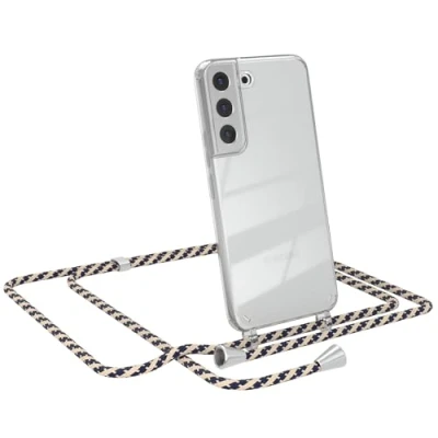 Abbildung von EAZY CASE Hülle mit Kordel Samsung Galaxy S22 5G, Transparente Handyhülle verstellbarem Kettenband zur Umhängeband, Kette, Ersatzgurt schmal in Taupe Camouflage Clip Silber