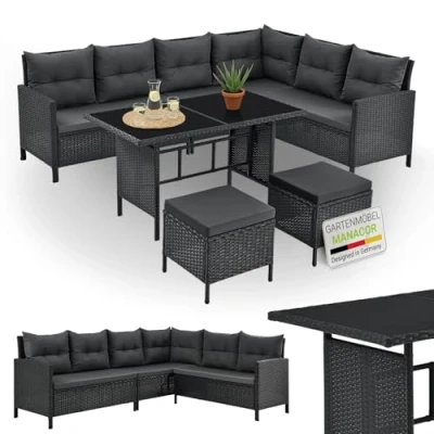 Abbildung von Juskys Gartenlounge Set Manacor, (Gartenlounge), Polyrattan Gartenmöbel mit Garten Sofa, Tisch und 2 Hocker