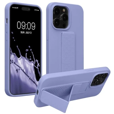 Abbildung von kwmobile Handyhülle kompatibel mit Apple iPhone 14 Pro Max Hülle Fingerhalter und Standfunktion Silikon Case Handy Cover in Lavendel
