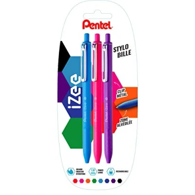 Abbildung von Pentel IZee Kugelschreiber, einziehbar, mit Metallclip Blister de 3 Himmelblau/Rosa/Violett.