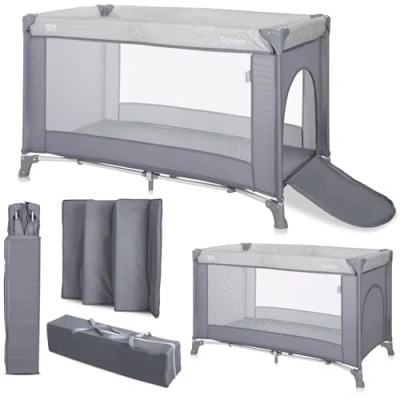 Abbildung von Lorelli Baby Reisebett, 2 in 1 Babybett und Laufstall Torino mit Seiteneingang, Kinderbett ab Geburt bis 15 kg, faltbar inkl. Transporttasche, Silber