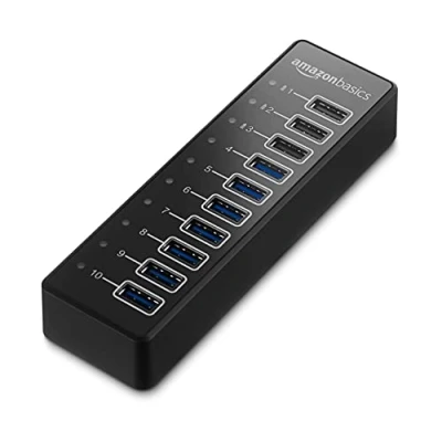 Abbildung von Amazon Basics USB Hub, A 3.1 Hub mit 10 Anschlüssen und Netzadapter 65 W (20 V/3,25 A), Schwarz