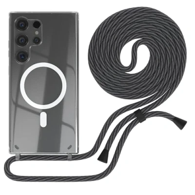 Abbildung von EAZY CASE Handykette kompatibel mit Samsung Galaxy S24 Ultra Kette zum Umhängen Stoßfest Handyhülle für Silikon Hülle Band Transparent Schwarz/Anthrazit Clips Schwarz