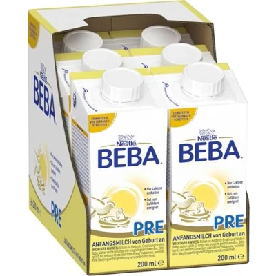 Abbildung von BEBA PRE Anfangsmilch trinkfertig, von Geburt an, Babynahrung mit DHA, nur Laktose, ohne Palmöl, 6er Pack (6 x 200ml)