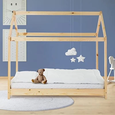 Abbildung von ML Design Kinderbett 80x160 cm mit Dach und Lattenrost, Natur, Hausbett für Mädchen Jungen, Kinderhaus aus massivem Kiefernholz, Stabiles Jugendbett, Massivholz Kinder Bett, Bettenhaus Spielbett