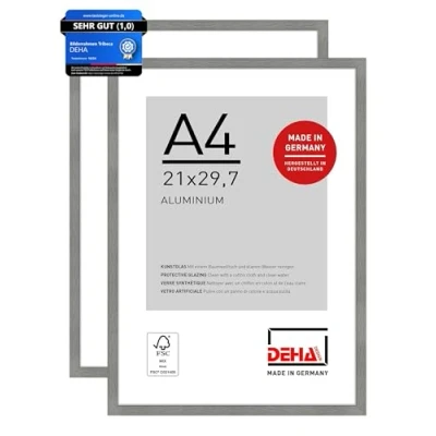 Abbildung von DEHA Design Bilderrahmen, 21 x 29,7 cm (A4) (2er Set), Aluminium, Grau matt, Dokumentenrahmen zum Aufhängen im Hoch &amp; Querformat, bruchsicheres Kunstglas, Tribeca