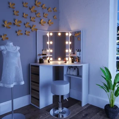 Abbildung von Vicco Schminktisch Arielle, Weiß/Sonoma, 110 cm mit LED Beleuchtung und Hocker